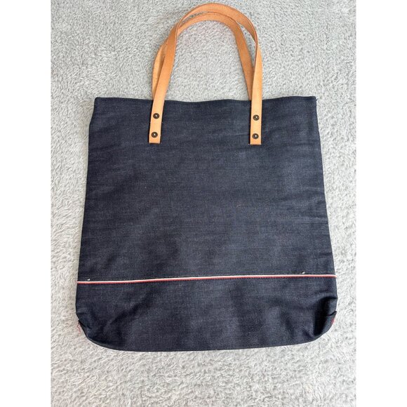 True Religion Denim Lined Tote Bag With Leather Straps & Red Interior NWOT - Picture 2 of 11